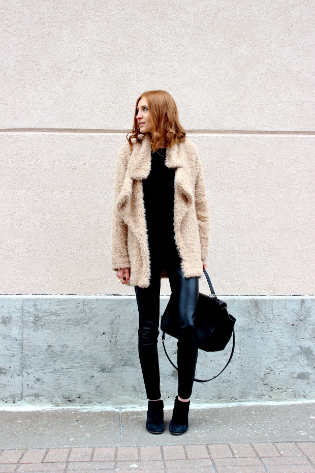Blush Faux Fur Coat, Faux Leather Leggings, Fringe top- Winter Style