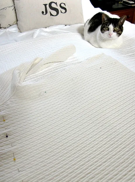 white sweater on the bed with a cat