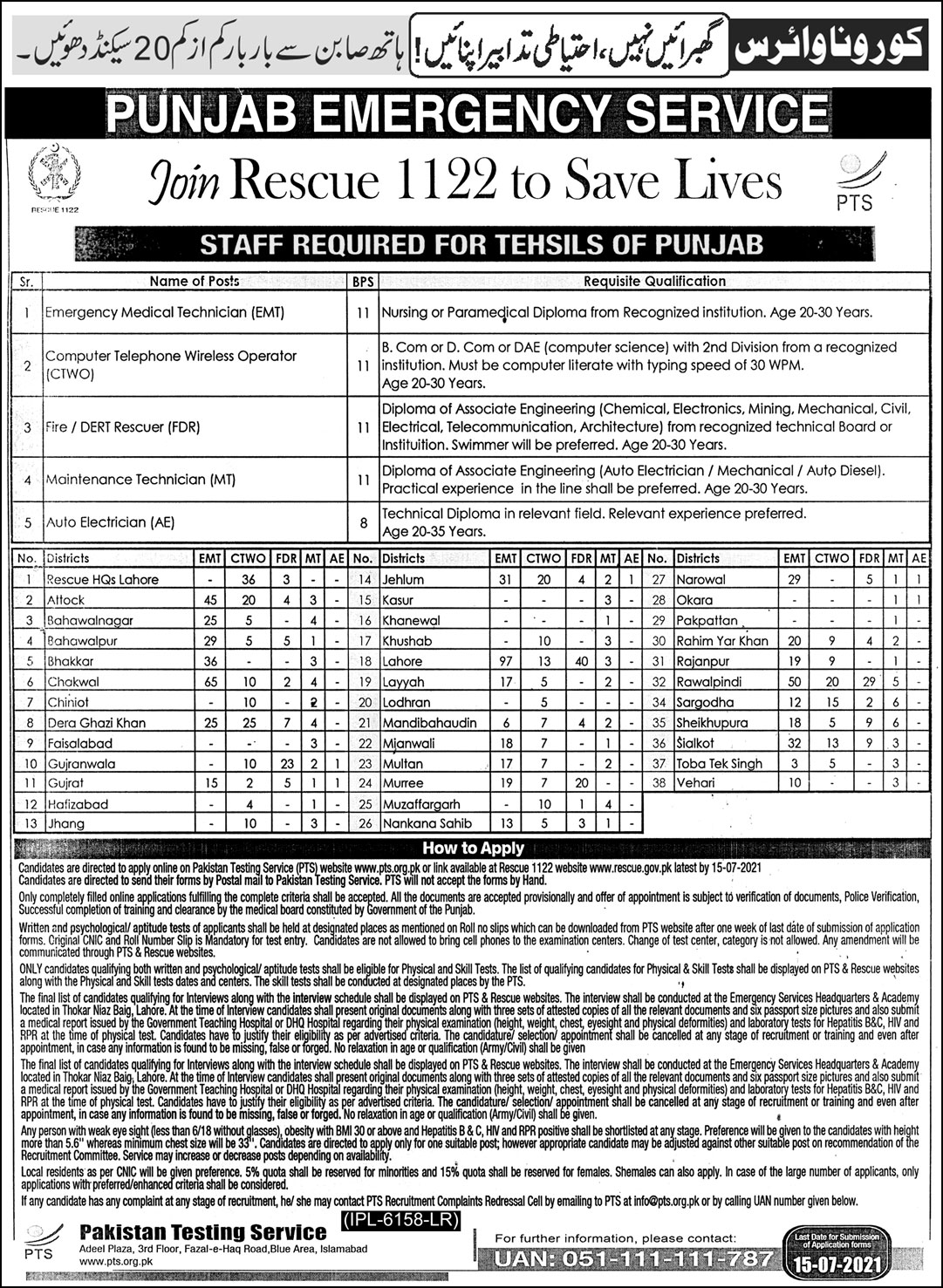 Latest Government Jobs in Rescue 1122 for the posts of EMT, CTWO, Fire Rescuer, MT, etc. in Punjab by PTS in June 2021