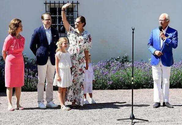 ASOS maxi dress with cape back and dipped hem in light floral print. Queen Silvia, Princess Estelle