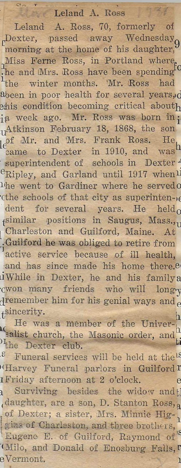 Heirlooms Reunited 1938 Obituary of Leland Alba Ross of Guilford, Maine
