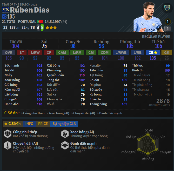 FIFA ONLINE 4 | Review Ruben Dias 21 TOTS - Lá chắn thép của Man City