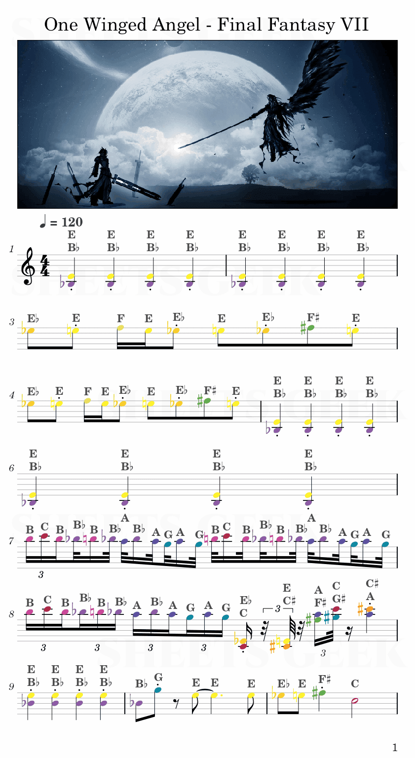 One Winged Angel - Final Fantasy VII Easy Sheet Music Free for piano, keyboard, flute, violin, sax, cello page 1