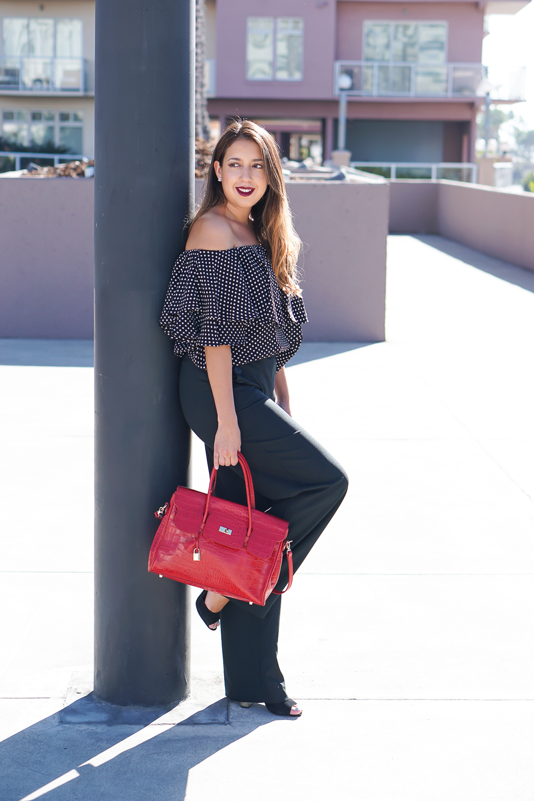 Fashion, SheIn Black Polka Dot Ruffle Off The Shoulder Blouse, How to wear off the shoulder tops, Women's Sailor Pant - Who What Wear x Target, Red top handle crocodile bag, Shoemint Heels, Diva Mac Red Lipstick, Latina Fashion Blogger, LA Fashion Blogger, Long Beach Performing Arts Center