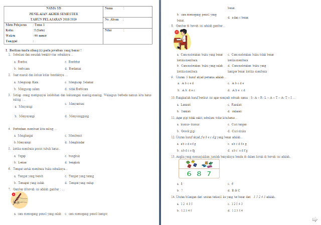Soal Penilaian Akhir Semester Pas Kelas 1 Sd Mi Tema 1 Antapedia Com