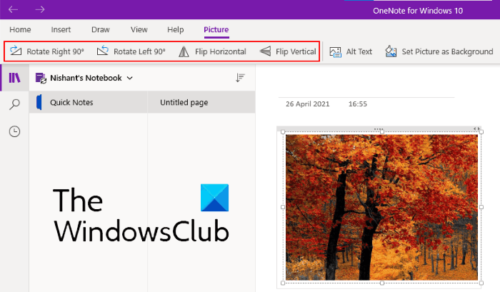 повернуть изображение OneNote для Windows 10