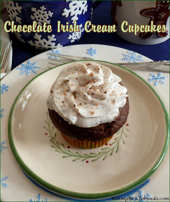 Chocolate Irish Cream Cupcakes: moist chocolate cupcakes infused with Irish Cream flavor and topped with a cream cheese Irish Cream frosting. | Recipe developed by www.BakingInATornado.com | #recipe #dessert