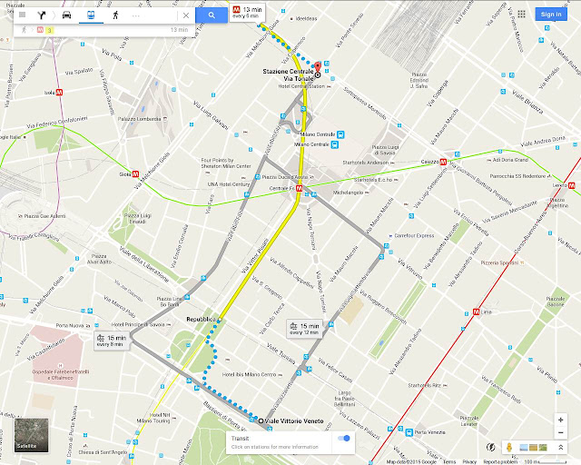 Milano Centrale interactive local station area map of transport showing trams, green M2 Metro Line, yellow M3 Metro Line