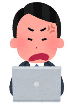 パソコンを使う会社員のイラスト（男性・怒った顔）