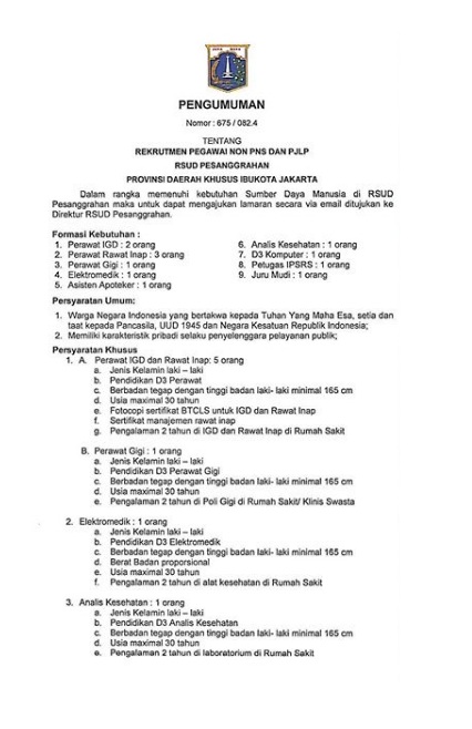 Lowongan Non PNS Rumah Sakit Umum Daerah Pesanggrahan Juni 2020