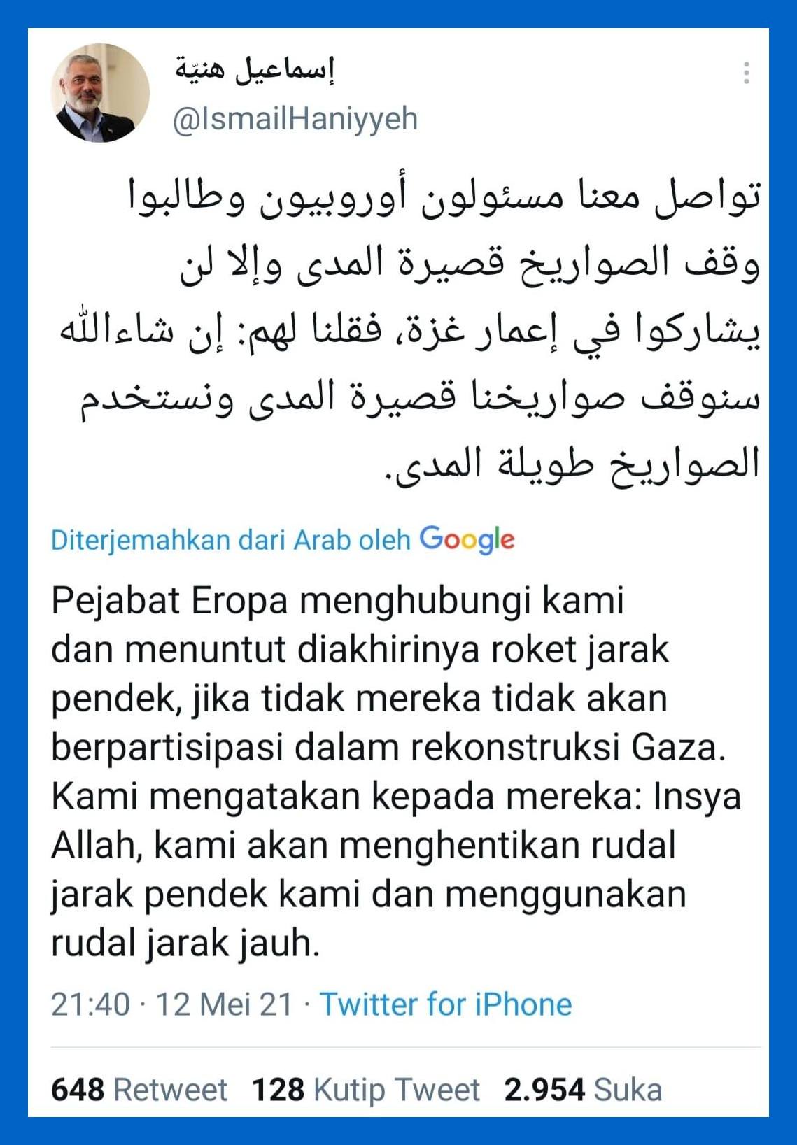 Pejabat Eropa Minta Hamas Hentikan Serangan Roket ke Israel, Ismail Haniyah Tegaskan Serangan