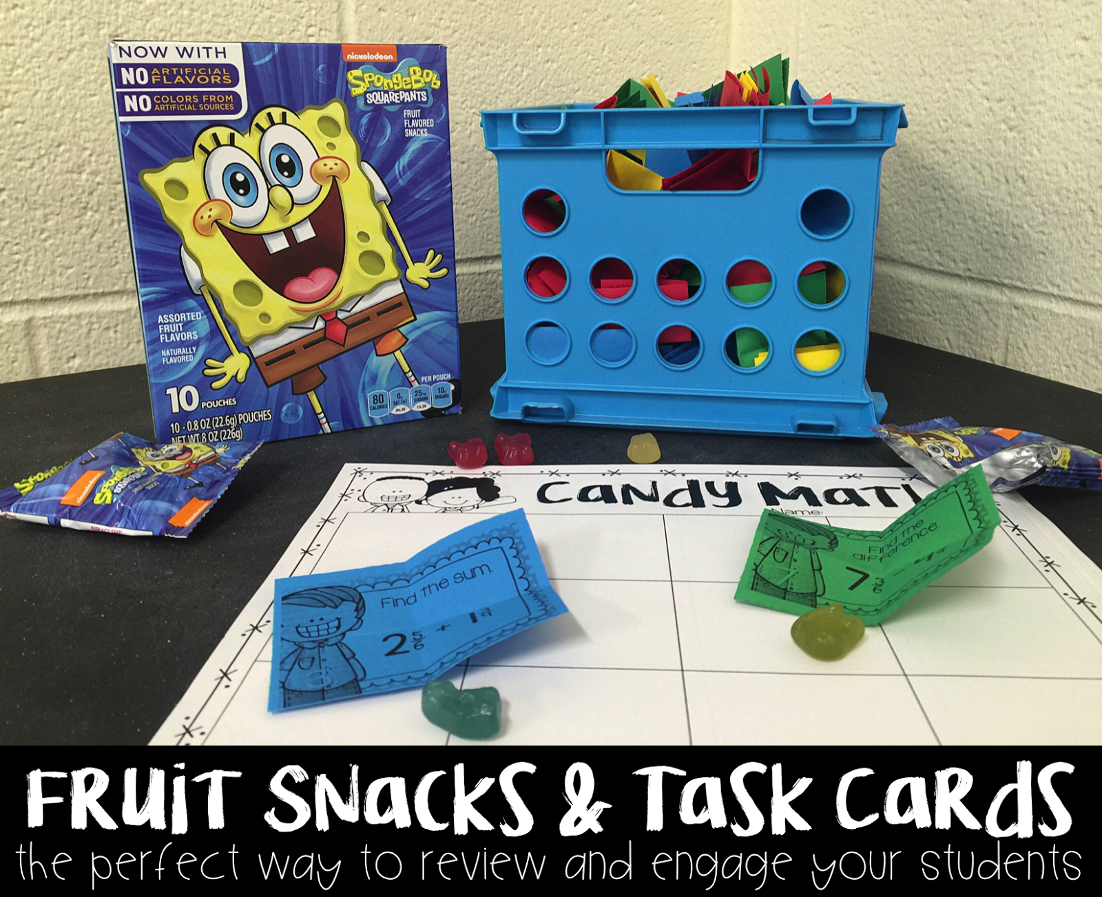 Who doesn't want an excuse to eat fruit snacks or candy? Using something as simple small candy can set math review into an engaging, entertaining activity. Based on the colors of the candy, you can print a certain math skill on different colored paper, then the students must complete the colors based on their fruit snacks. Be sure to grab the freebie printable and check out my math task cards on Tpt. {freebie, math, game, upper elementary}