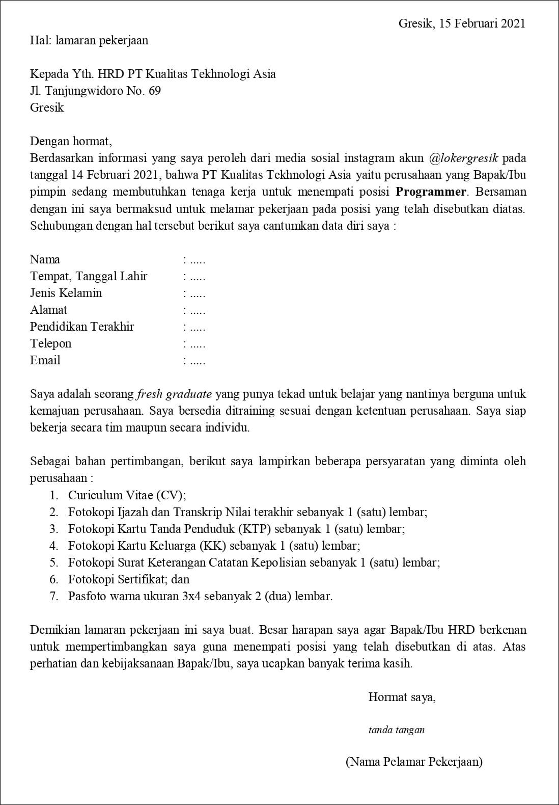 Contoh Surat Lamaran Kerja Untuk Programmer (Fresh Graduate)  Tanpakoma