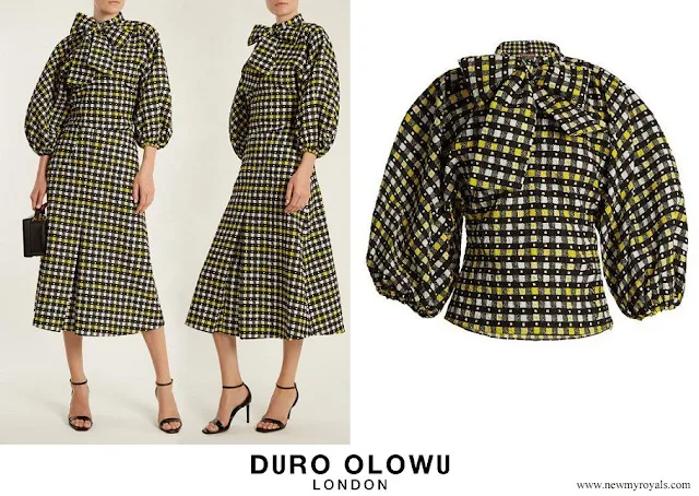 Queen Maxima wore Duro Olowu Napoli Check-print Tie-neck Blouse and Pleated A-line Skirt