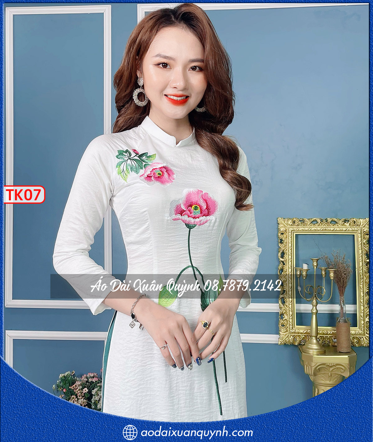 Áo dài trắng hoa Cẩm Lan thêu cao cấp - lụa Tây Thi TK07