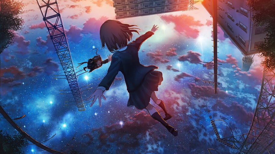 School, Girls, Anime, Flying, Night, Sky, Sunset, 4K, 6 -9468