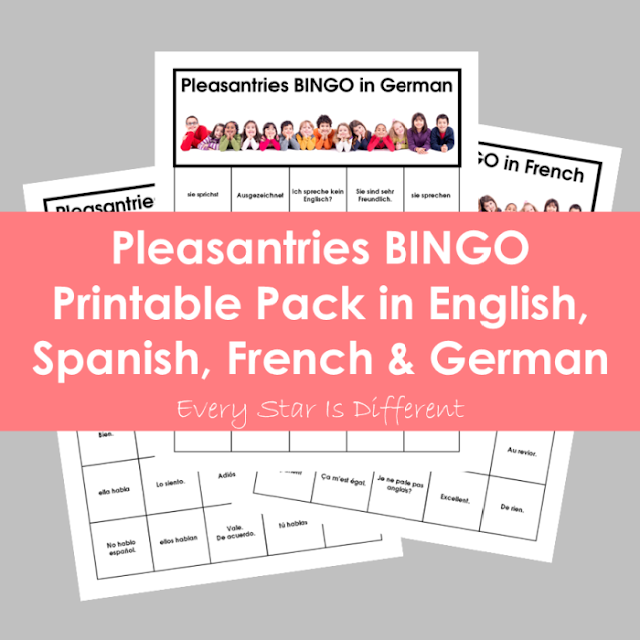 Pleasantries Bingo Printable Pack in English, French, Spanish, & German