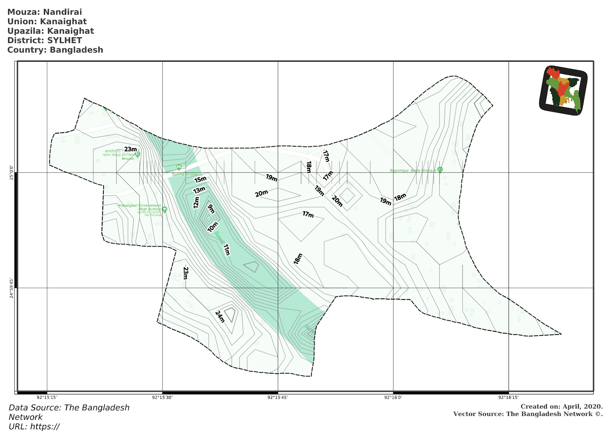 Map of Nandirai Mouza of Kanaighat Upazila, SYLHET, Bangladesh.