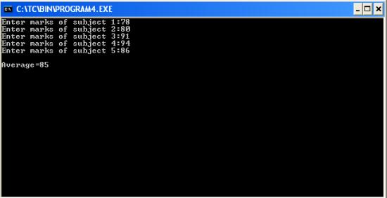 C program that accepts marks in 5 subjects and outputs average marks