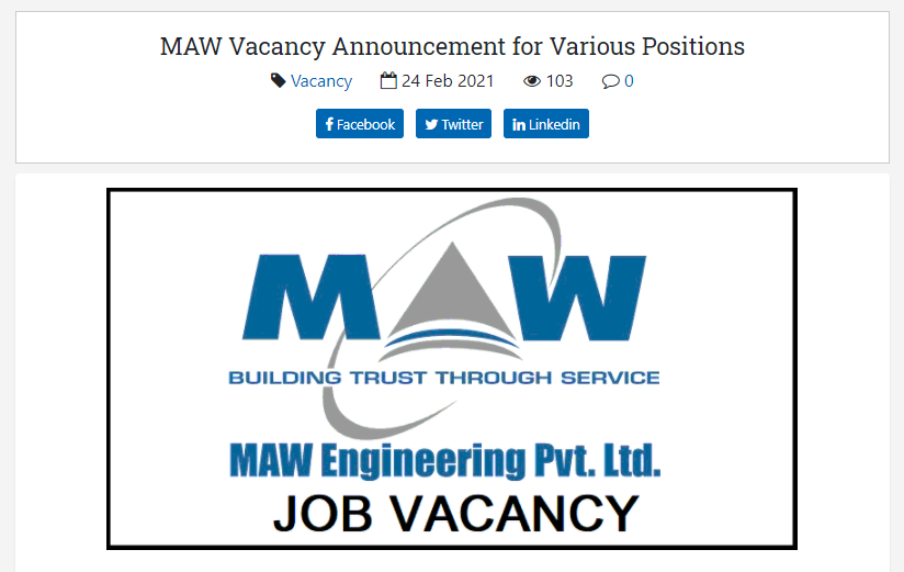MAW Engineering Vacancy for Manager, Executive, Technician and