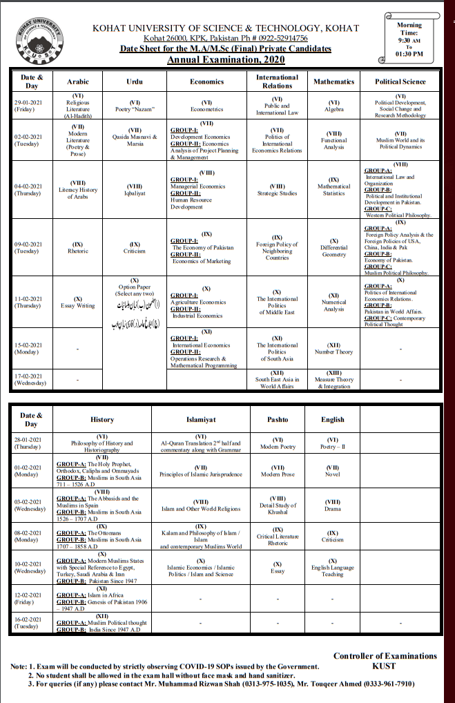 Kohat University Date Sheet MA MSc 2020 Final