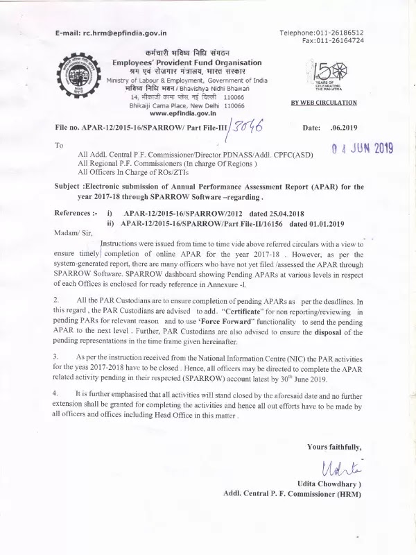 SPARROW: To complete pending APARs for 2017-18 before 30th June 2019 – EPFO instruction SPARROW: To complete pending APARs for 2017-18 before 30th June 2019 – EPFO instruction