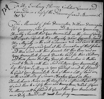 Darrington, John et al, 1796; RS108, Land Petitions; Provincial Archives of New Brunswick, Fredericton; FHL microfilm 1,288,461, image 739.