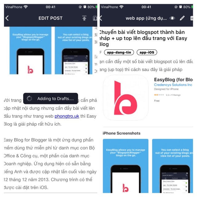 Uptop blogspot post with app Easy Blog iOS