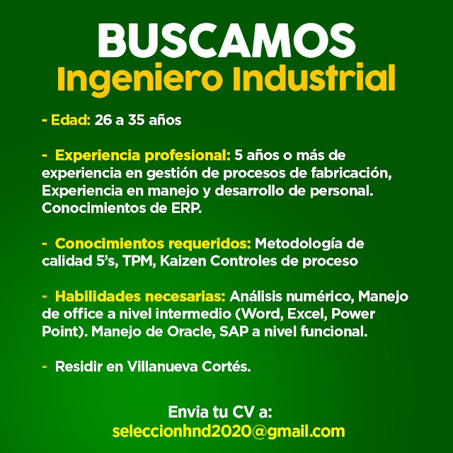 Vacantes para Ingenieros Industriales y Mecánicos en Tegucigalpa y SPS