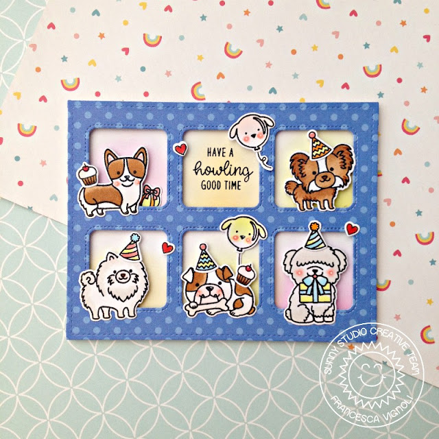 Sunny Studio Stamps: Party Pups Window Trio Squares Grid Birthday Themed Card by Franci Vignoli