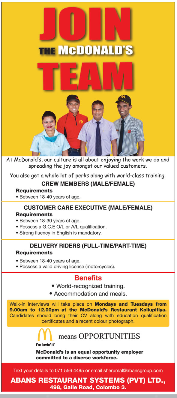 vacancies in mcdonats in sri lanka crew members customer service customer service executive means