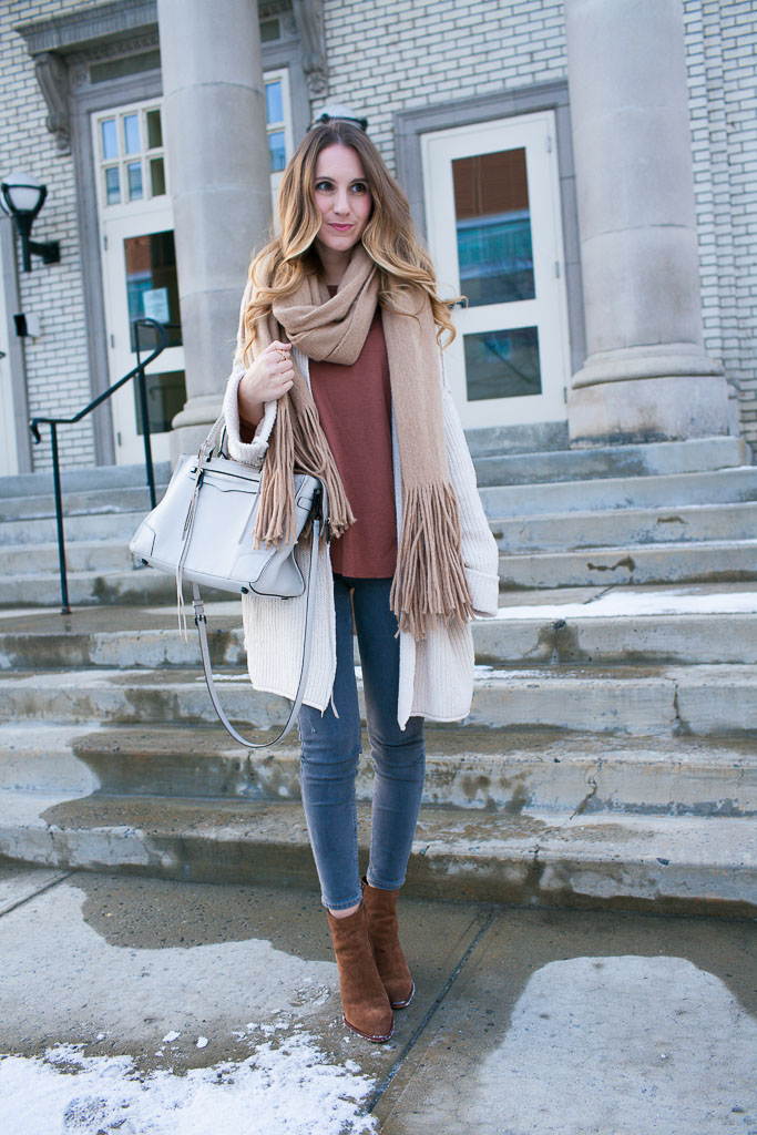 Oversized cream cardigan with bell sleeves paired with neutrals - winter style idea