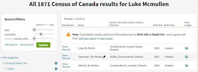 Screen capture from Ancestry.ca searching for Luke McMullen residing in Lanark, Ontario, Canada in the 1871 Census of Canada.