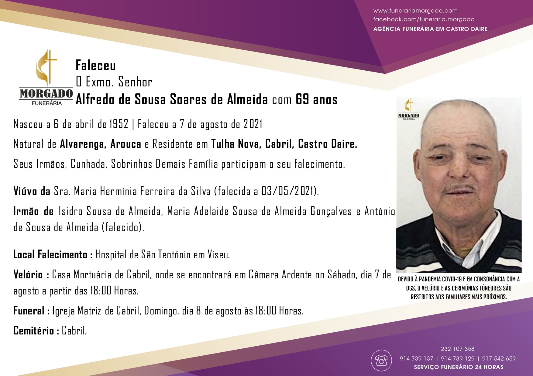 FUNERÁRIA FALECEU o Sr. Alfredo de Sousa Soares de Almeida com 69 Anos (Tulha Nova FUNERÁRIA FALECEU o Sr. Alfredo de Sousa Soares de Almeida com 69 Anos (Tulha Nova