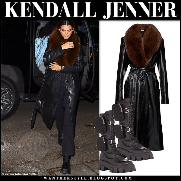 Kendall Jenner in black leather coat with brown fur collar in NYC on ...