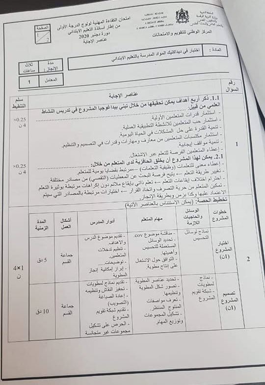 تصحيح الامتحان المهني لولوج الدرجة الأولى التعليم الابتدائي دورة دجنبر 2020