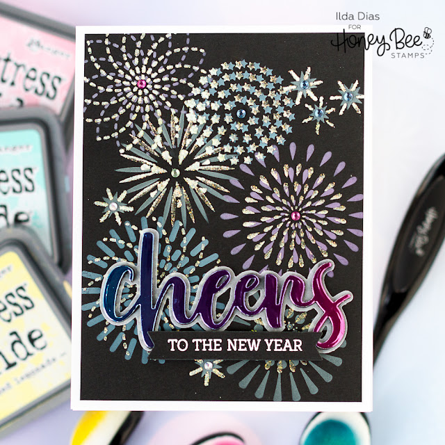 Vintage Holiday Release, Sneak Peeks,Honey Bee Stamps, Fireworks Stencil, Cheers ,New Years Card,Card Making, Stamping, Die Cutting, handmade card, ilovedoingallthingscrafty, Stamps, how to,Ink Blending,glimmer paste,