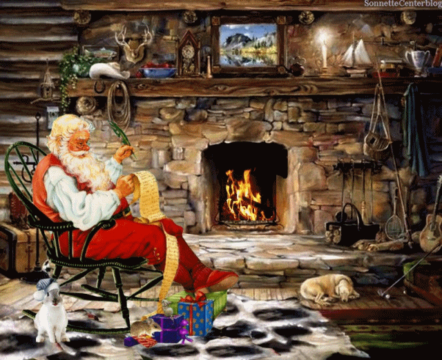 Yo's Gif's Santa Making His List By A Fireplace Gif