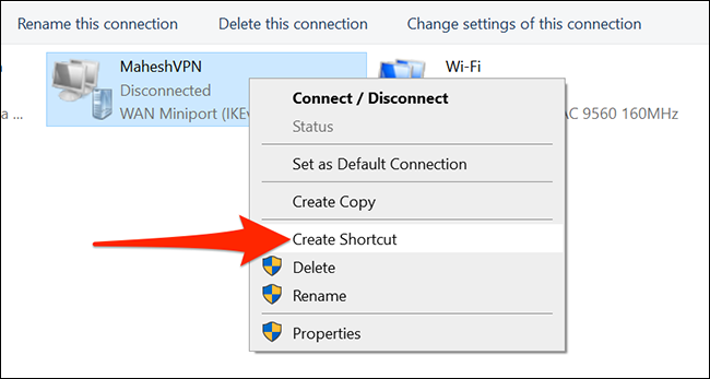 انقر بزر الماوس الأيمن فوق VPN وحدد "إنشاء اختصار" من القائمة في لوحة التحكم.