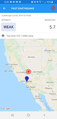 QuakeAlert screenshot, map of last big quake detected