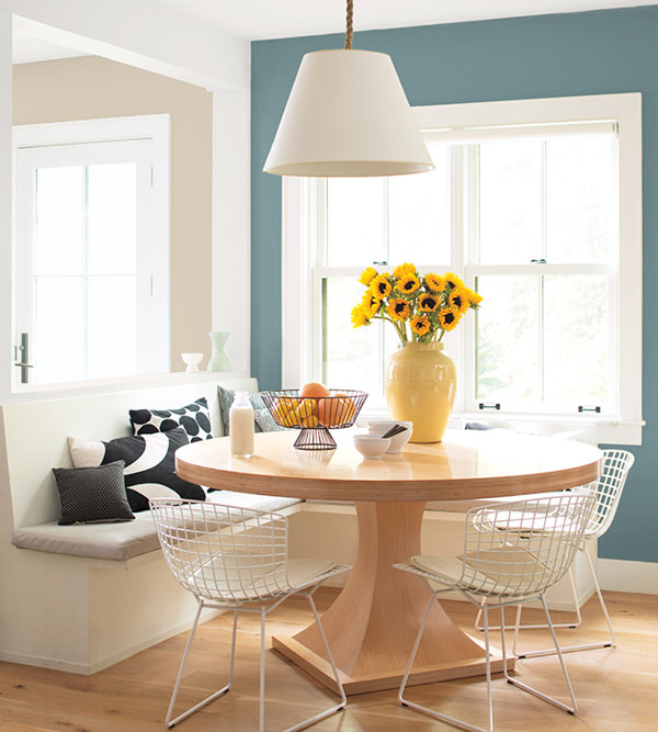 dining area with walls painted in Benjamin Moore Aegean Teal