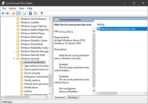 Windowsセキュリティでアカウント保護を表示または非表示にする