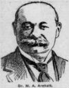 A sketched portrait of a bald white man, perhaps in his 60s, with a bushy white mustache, small eyes, and a squarish face