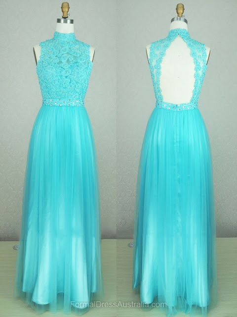 A-line Tulle High Neck with Appliques Lace Floor-length Formal Dresses