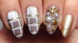 Plaid Nails With Pearl Accent Nail