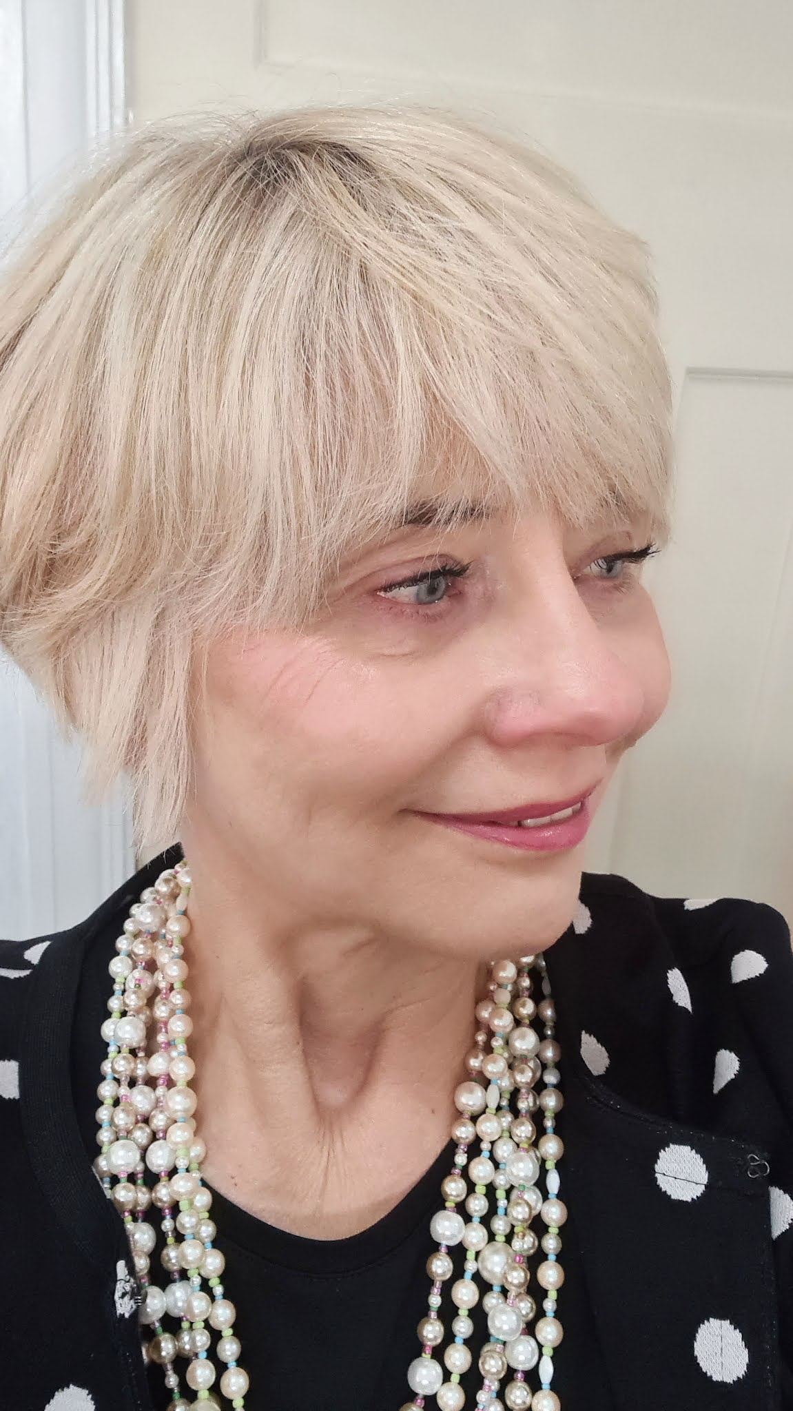 Close-up of the multi strand pearl necklace worn by Is This Mutton's Gail Hanlon. The necklace is from Bijou Rebooted, a Canterbury company which makes new necklaces from old beads