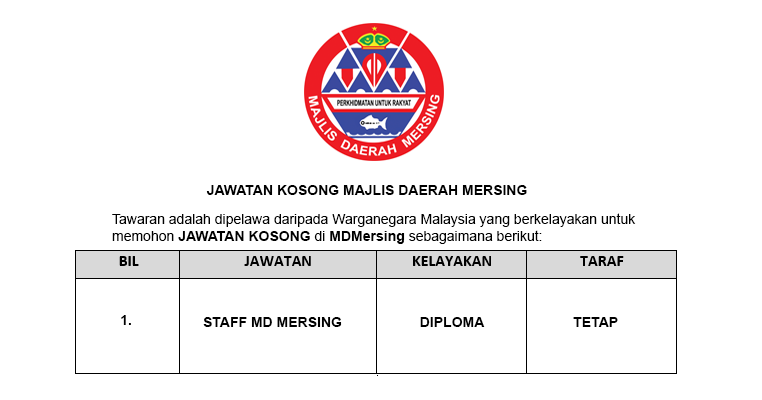 Jawatan Kosong Di Majlis Daerah Mersing 2019 Jobcari Com Jawatan Kosong Terkini