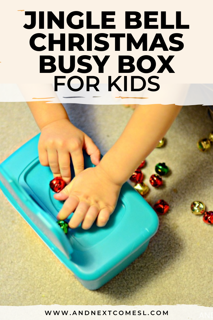 Fine motor Christmas busy box and jingle bell activity for preschoolers and toddlers