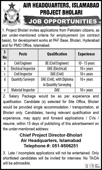 Join PAF Civilian Jobs 2020, Civil Engineer, Civil Inspector & Others