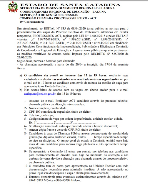 SINTE Regional Laguna SC PROCESSO SELETIVO ACT CHAMADA A PARTIR